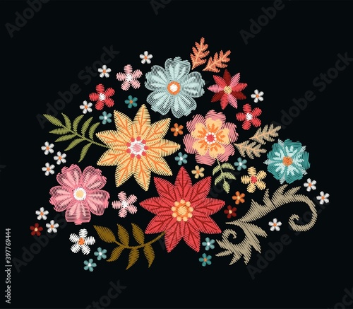Embroidery bouquet of colorful flowers on black background. Vector fashion ornament.