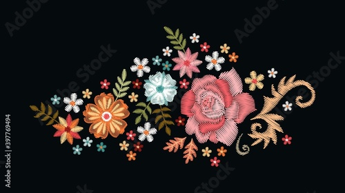 Floral composition with rose and other flowers on black background. Embroidered bouquet.