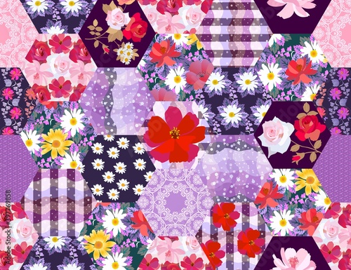 Seamless patchwork pattern with bright flowers, polka dot and lace ornaments. Beautiful print for fabric
