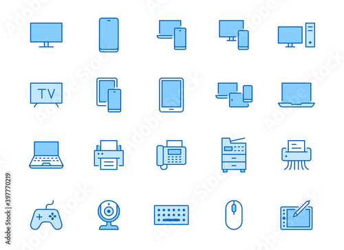 Devices line icons set. Computer, laptop, mobile phone, fax, scanner, smartphone minimal vector illustrations. Simple flat outline sign for web, technology app. Blue color, Editable Stroke