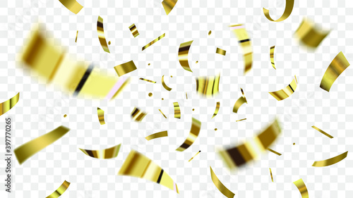 Celebration background template with confetti and gold ribbons. luxury greeting rich card. Flying tinsel elements, gold foil texture serpentine streamers confetti falling party.