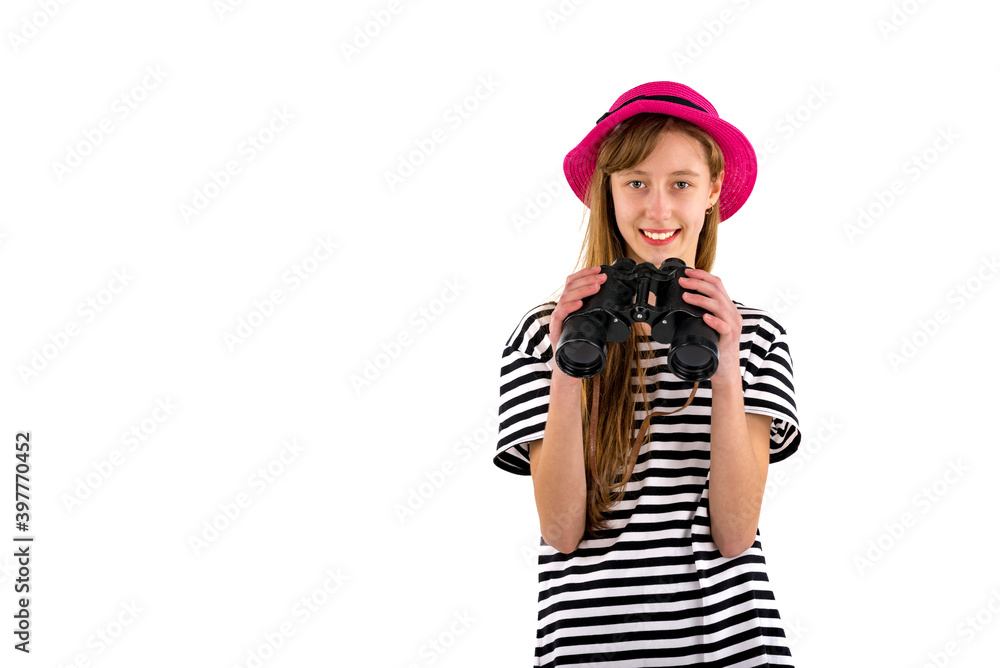 teenage girl looking at you holding binoculars isolated on white background. teenage girl looking at you holding binoculars isolated on white background.