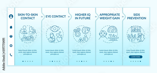 Breastfeeding pros onboarding vector template. Higher iq in future. Appropriate weight gain. Responsive mobile website with icons. Webpage walkthrough step screens. RGB color concept