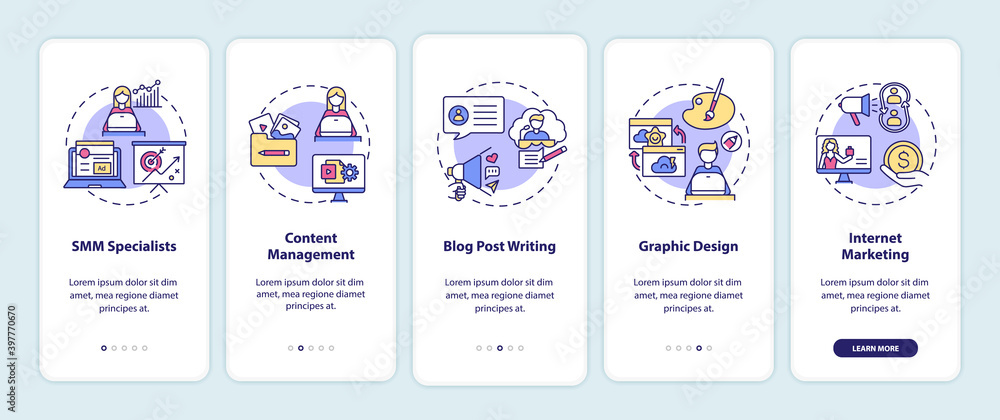 Online freelance work onboarding mobile app page screen with concepts. Content manager. Internet marketing walkthrough 5 steps graphic instructions. UI vector template with RGB color illustrations