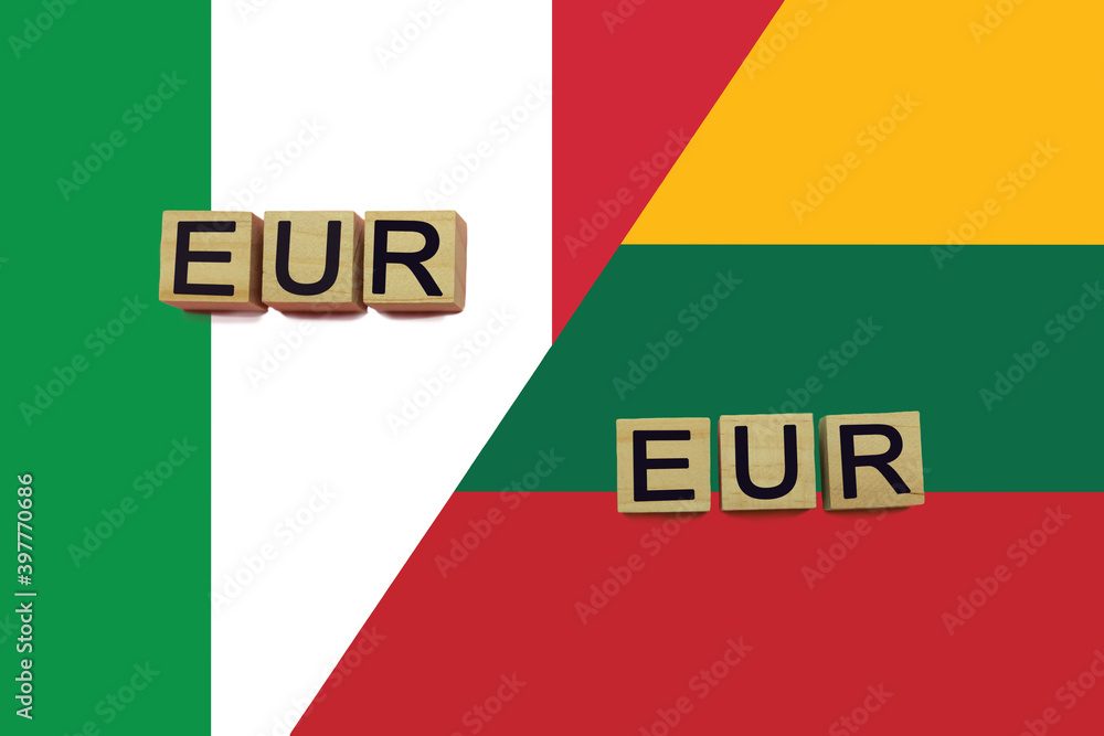 Italy and Lithuania currencies codes on national flags background Italy and Lithuania currencies codes on national flags background