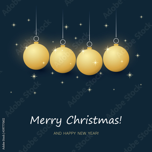 Dark Blue Merry Christmas Card with Golden Hanging Christmas Balls