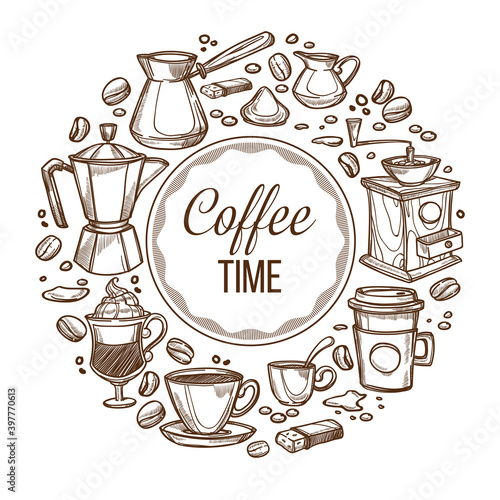 Coffee time, cups and beans monochrome sketch