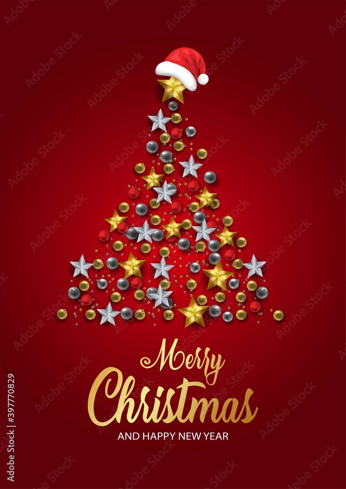 merry christmas greeting.tree decor with christmas elements in red background. vector illustration design 2020   