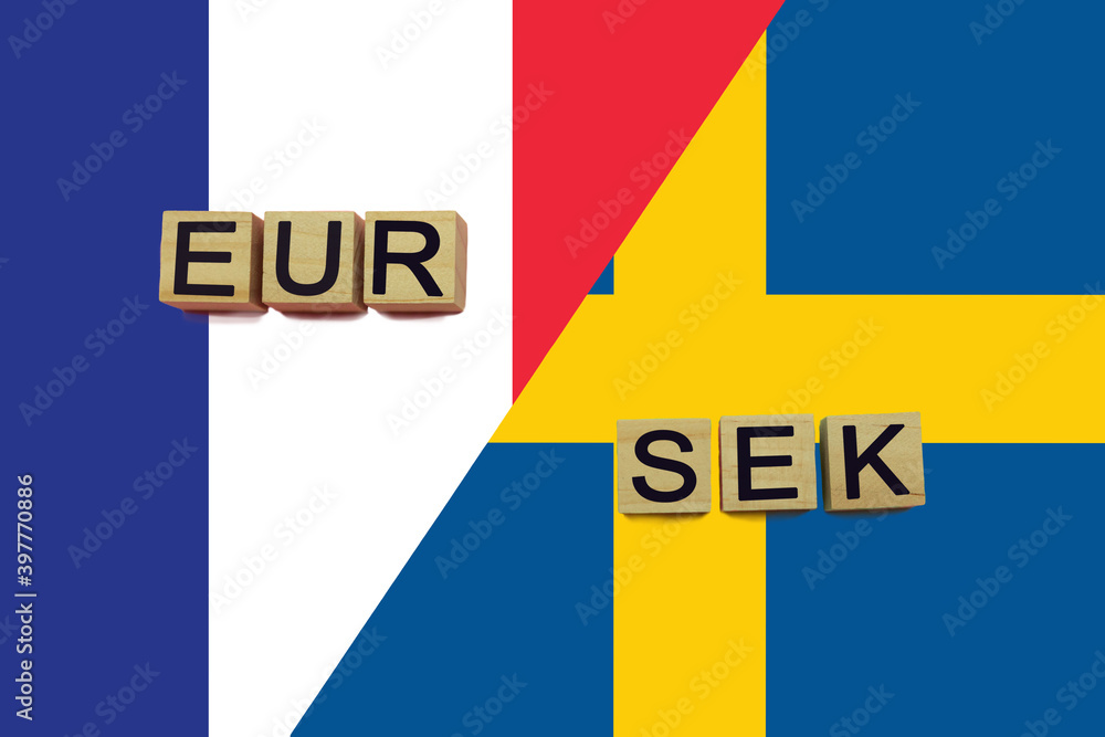 France and Sweden currencies codes on national flags background France and Sweden currencies codes on national flags background