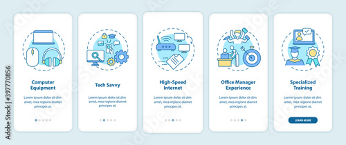 Employee skills onboarding mobile app page screen with concepts. Specialized training for worker walkthrough 5 steps graphic instructions. UI vector template with RGB color illustrations
