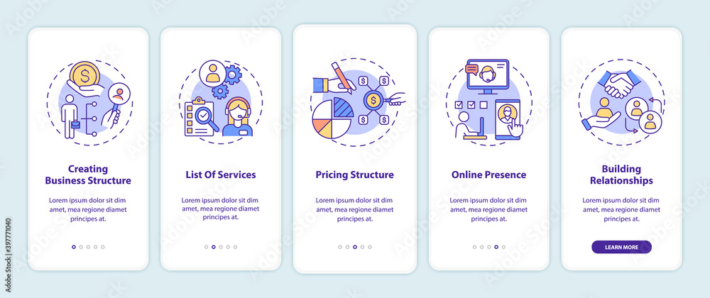 Business management onboarding mobile app page screen with concepts. Online marketing. Startup development walkthrough 5 steps graphic instructions. UI vector template with RGB color illustrations