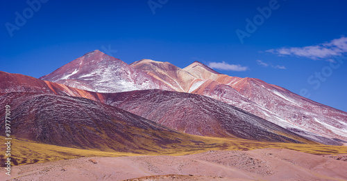 Landscape in the high Andes with colorful volcanoes under clear blue sky