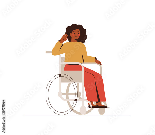 Black businesswoman in a wheelchair makes a greeting gesture. Young dark skin disabled girl in casual clothes sits in wheelchair and waving hand. Flat cartoon vector illustration.