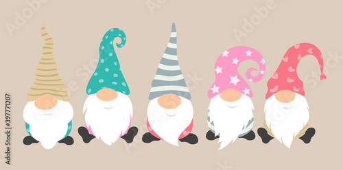 Cartoon gnomes vector icon set. Cute and funny characters for greeting card of christmas holiday. Gnome pajama party decoration. Isolated characters