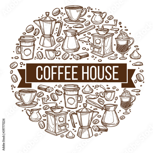 Coffee house circular banner with cups and beans