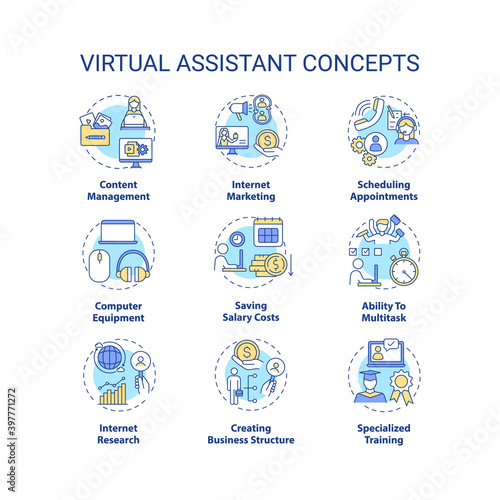 Virtual assistants concept icons set. Distant job. Online manager. Business marketing. Remote freelance work idea thin line RGB color illustrations. Vector isolated outline drawings. Editable stroke