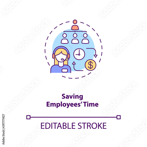 Saving employees time concept icon. Work schedule. Job planning. Virtual assistant productivity idea thin line illustration. Vector isolated outline RGB color drawing. Editable stroke
