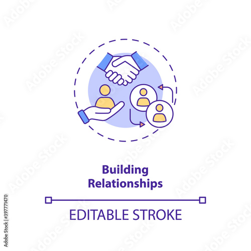 Building relationships concept icon. Handshake for work deal. Job cooperation. Business networking idea thin line illustration. Vector isolated outline RGB color drawing. Editable stroke