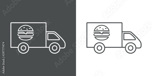 Comida para llevar. Logotipo con hamburguesa en vehículo de reparto con lineas en fondo gris y fondo blanco