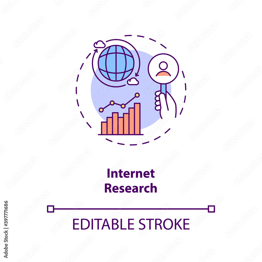 Internet research concept icon. Network information search. Strategy plan. Online marketing report idea thin line illustration. Vector isolated outline RGB color drawing. Editable stroke
