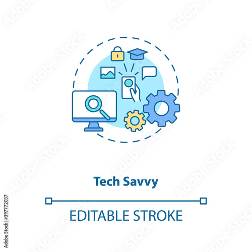 Tech savvy concept icon. Innovative technology specialist. Electronics expert. Virtual assistant skill idea thin line illustration. Vector isolated outline RGB color drawing. Editable stroke