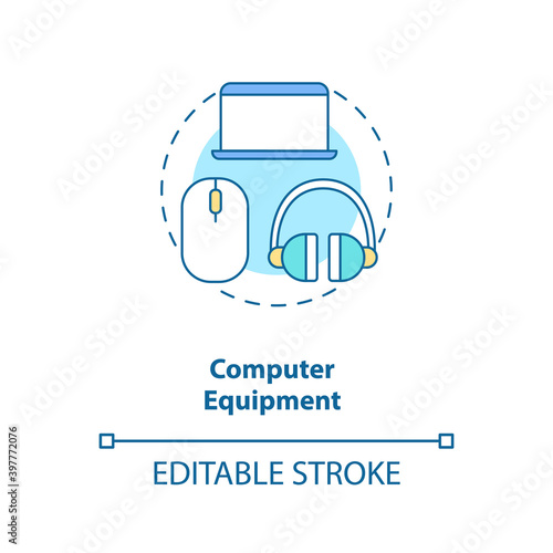 Computer equipment concept icon. Necessary hardware. Laptop mouse, headset. Virtual assistant equipment idea thin line illustration. Vector isolated outline RGB color drawing. Editable stroke