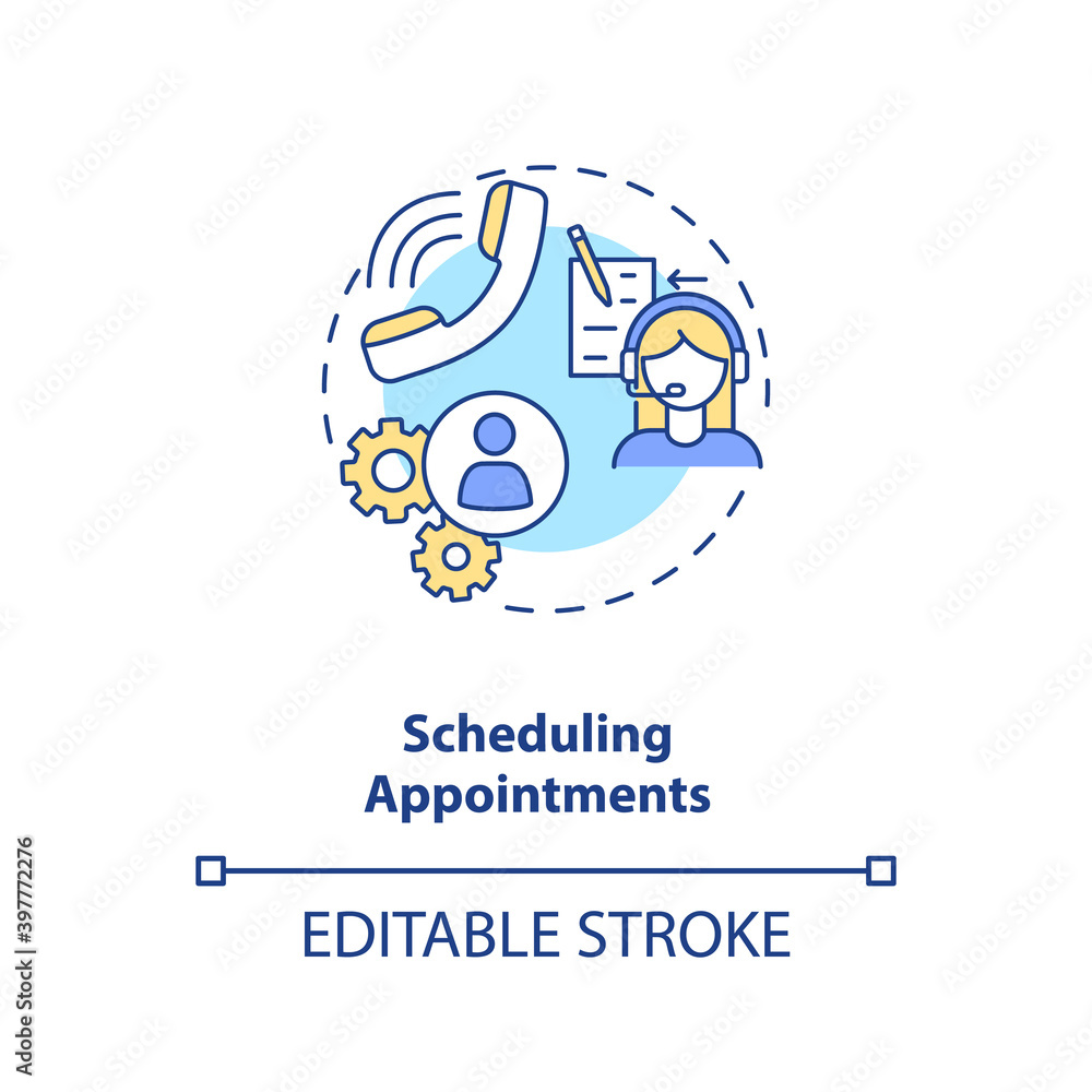 Scheduling appointments concept icon. Plan organization. Task management. Secretary work. Virtual assistant idea thin line illustration. Vector isolated outline RGB color drawing. Editable stroke