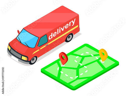 Delivery service concept . Red freight track and map with waypoints, vehicle route illustration with marked places for unloading. Transportation and cargo delivery services. Car for transporting goods