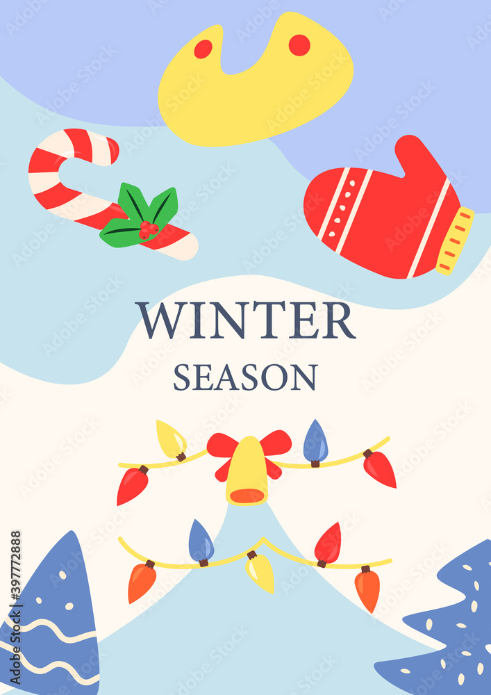 Christmas holiday season abstract poster template. Winter season. Commercial flyer design with flat illustration. Vector cartoon promo card with organic shapes. Wintertime advertising invitation