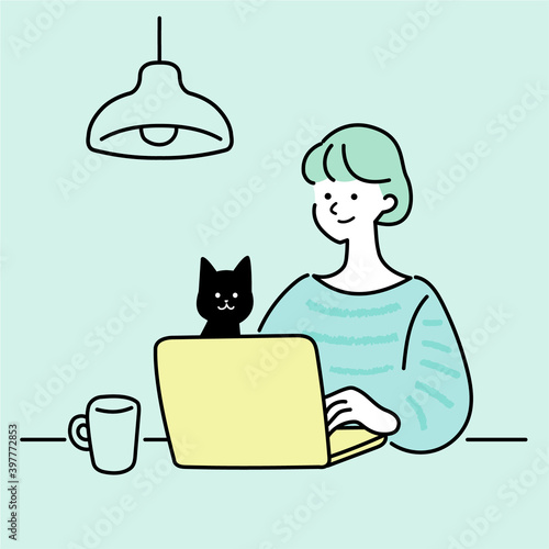 リモートワークする女性と横で見ている猫のイラスト