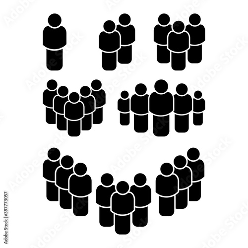 People group icon set. Black shape of human, body. Concept of team work. Crowd vector symbol isolated on white background. Office friends silhouettes. Employee pictogram collection.