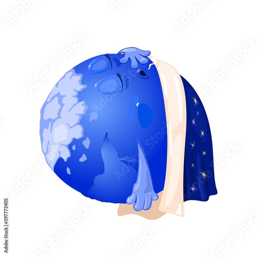 Peaceful planet earth rest under duvet. Vector world in calm and good condition, get strength and energy. Good ecology and climate situation isolated on white background