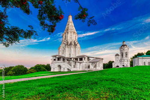 Church of the ascension in Kolomenskoye on a warm summer evening at sunset. Kolomenskoye Museum-reserve is the former Royal residence of the Moscow tsars. Moscow-August 2019.