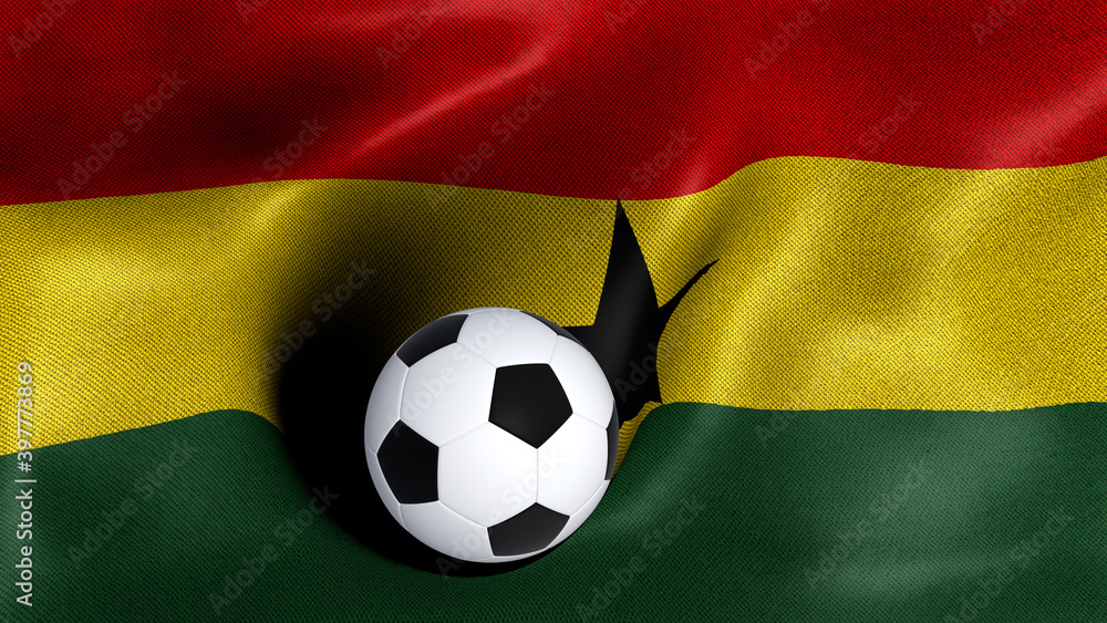 Fototapeta premium 3D rendering of the flag of Ghana with a soccer ball