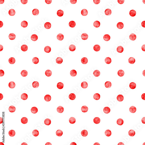 Polka dot red watercolor seamless pattern. Abstract watercolour color circles on white background