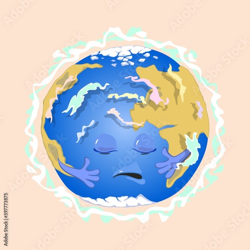 Sad planet earth with eyes, mouth and hands suffer from magnetic field distribution. Vector physics science education and gravitation idea isolated on beige background