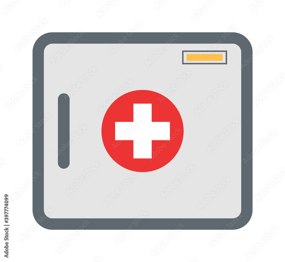 First aid kit box flat object vector illustration. Gray medicine chest with white cross in red circle and medical equipment for ambulance doctors. Medications for emergency with medicines and devices. First aid kit box flat object vector illustration. Gray medicine chest with white cross in red circle and medical equipment for ambulance doctors. Medications for emergency with medicines and devices.