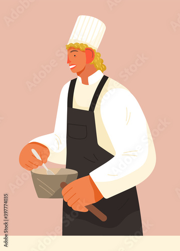 Chief-cooker young man at work. Cartoon chief cooking in restaurant professional kitchen. Food industry, restaurant service illustration. Chef in black apron cook food mix with a spoon in a pan