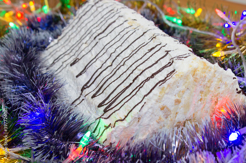 Monastyrskaya hut cake,winter cake in the form of a roof for the holidays photo