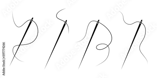 Set of needle with and thread. Vector sewing icons on white background.