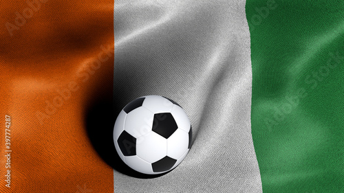3D rendering of the flag of Ivory Coast with a soccer ball