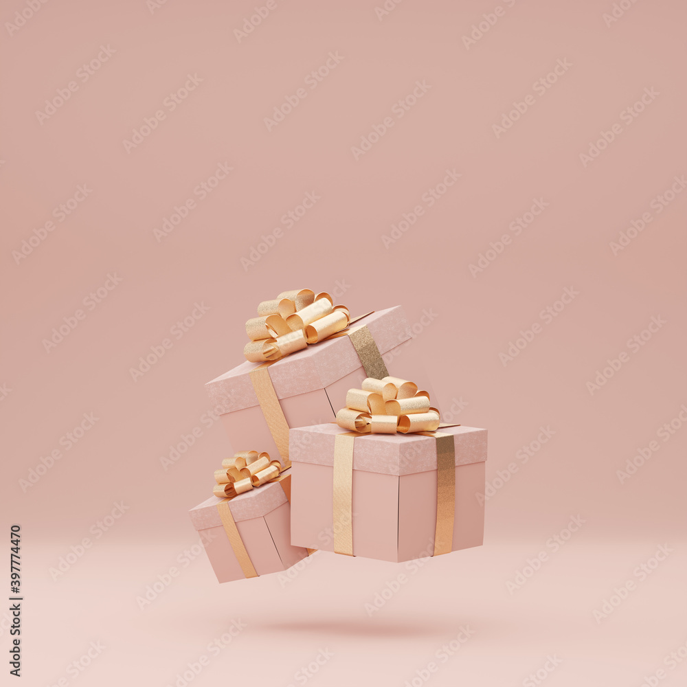 3D Pink gift box with golden ribbon bow levitating on pastel pink ...