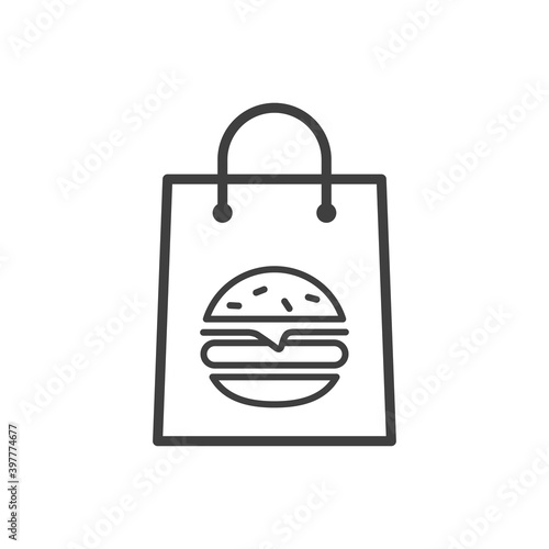 Comida para llevar. Logotipo con hamburguesa en bolsa de la compra con lineas en color gris