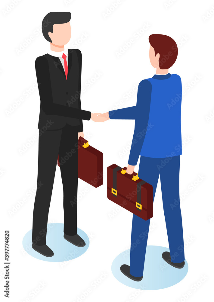 Obraz premium Businessmen shaking hands vector flat illustration. Two men in suits with a briefcase in hand greet, business meeting concept. Good deal, conclusion of an agreement on trade business relation