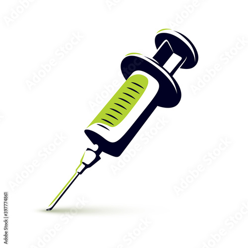 Vector graphic illustration of plastic disposable syringe for medical injections. Get vaccinated idea