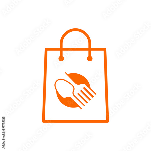 Comida para llevar. Logotipo con cuchara y tenedor en círculo en bolsa de la compra con lineas en color naranja