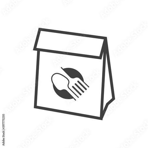 Comida para llevar. Logotipo con cuchara y tenedor en círculo en bolsa de papel con lineas en color gris