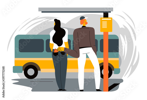 Robber stealing wallet from woman on bus stop