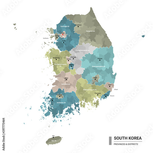 South Korea higt detailed map with subdivisions. Administrative map of South Korea with districts and cities name, colored by states and administrative districts. Vector illustration.