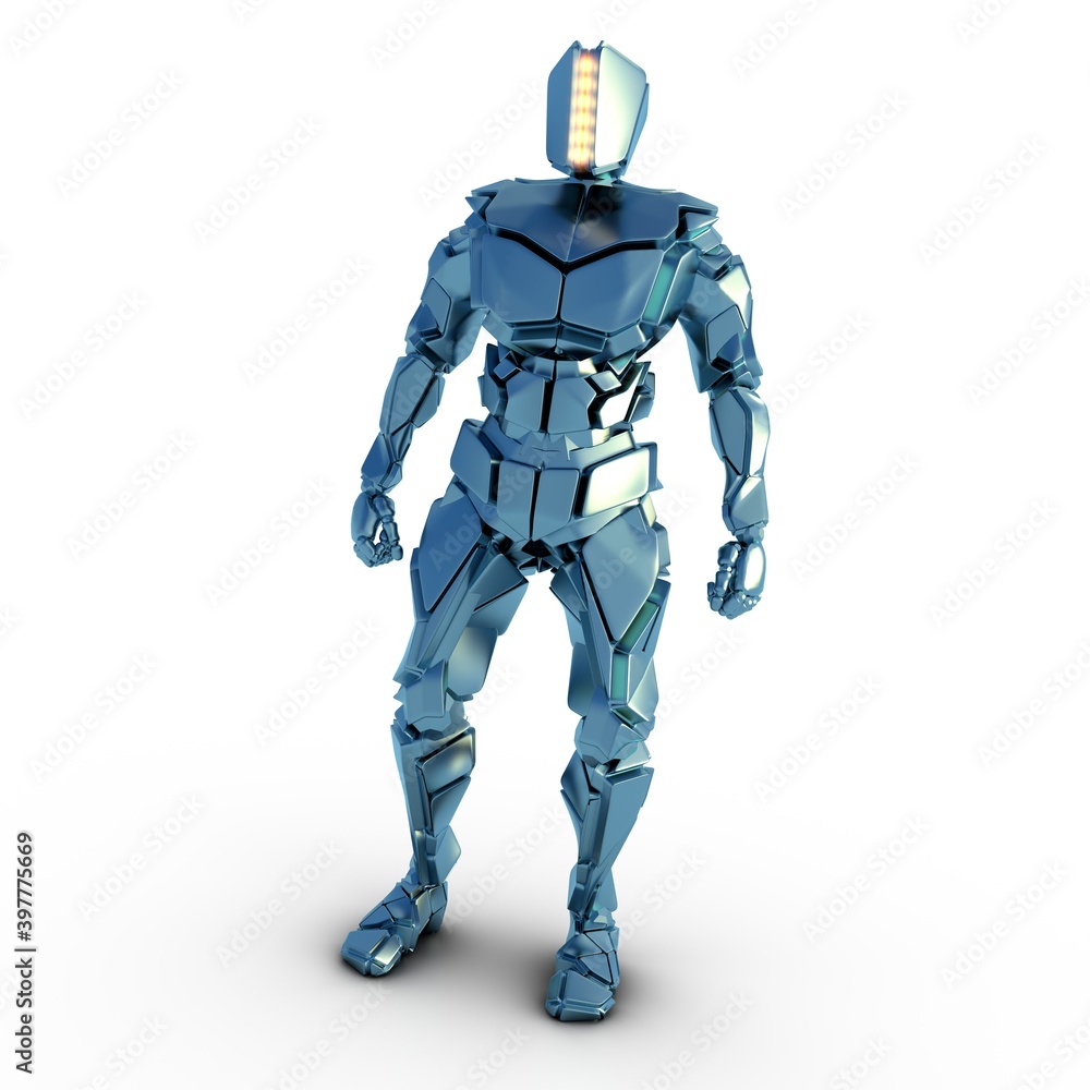 blauer humanoider Roboter in stehender Pose blauer humanoider Roboter in stehender Pose